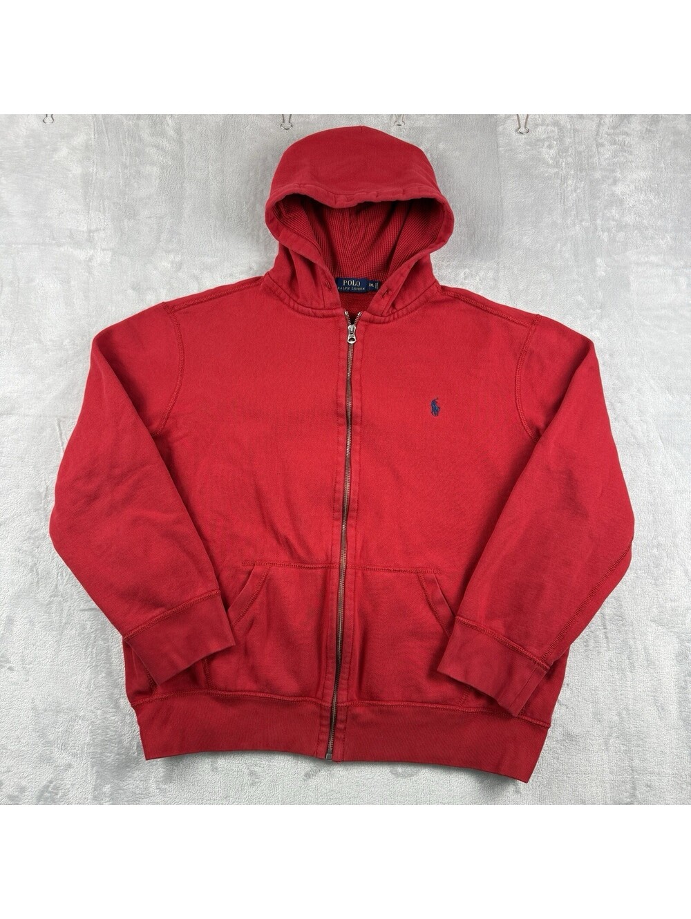 Polo Ralph Lauren Red Full Zip Hoodie Blue Pony Waffle Lined Hood Men XXL Prep